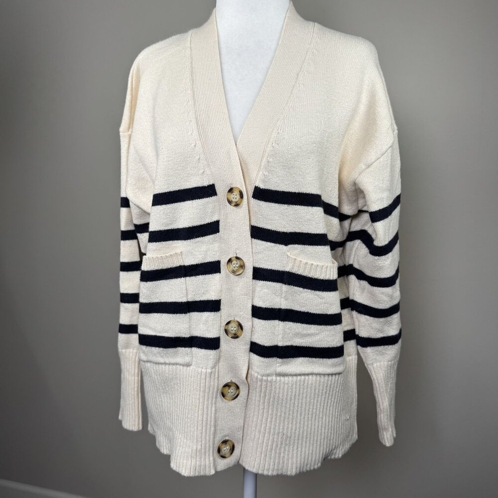 Zara Womens S Striped Button-Up Knit Top Cardigan Sweater Beige Black Oversize